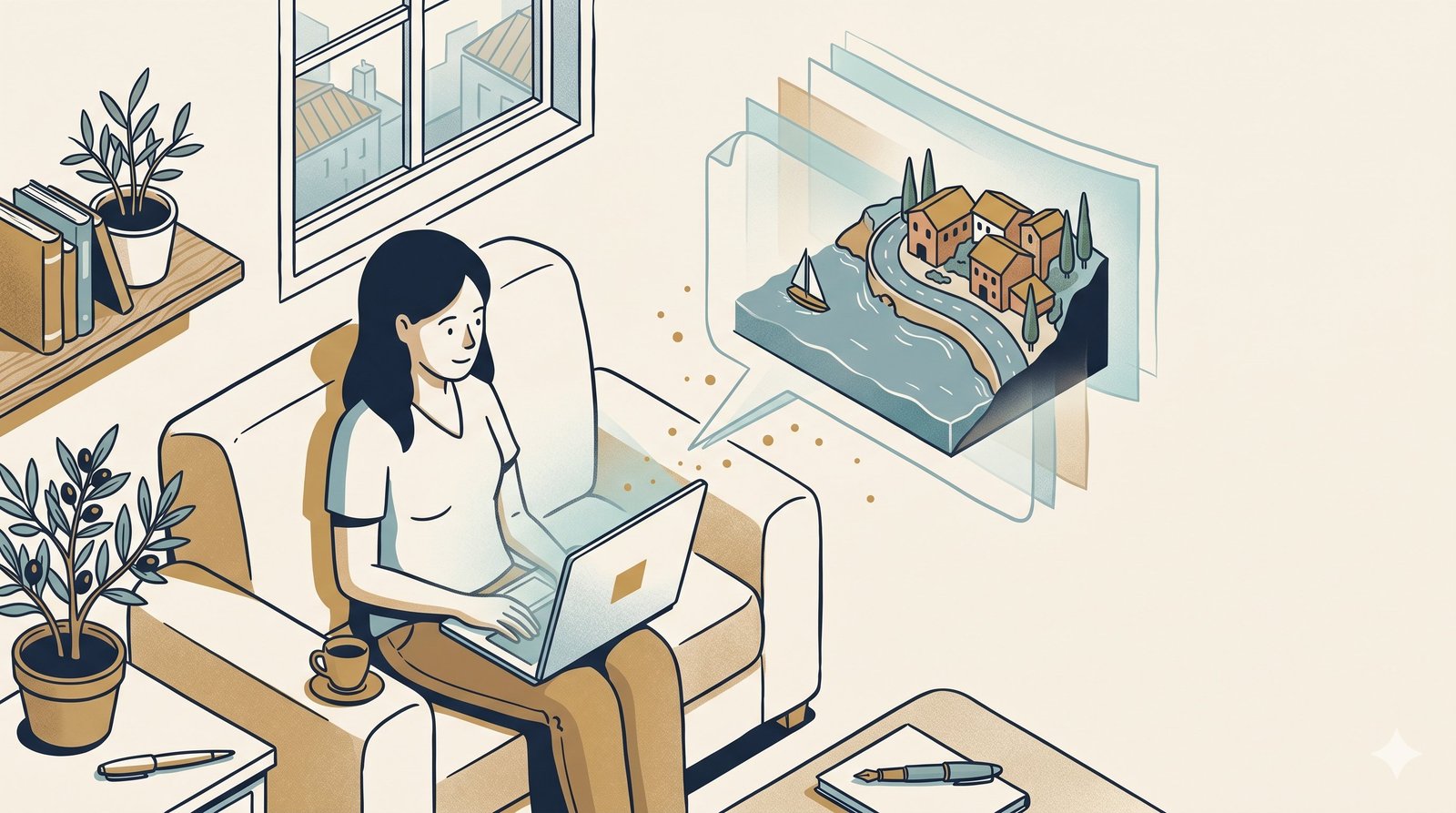 A traveller at home consults a laptop while a translucent miniature Mediterranean coastal destination materialises beside her, illustrating how the travel purchase journey has compressed into a conversation.